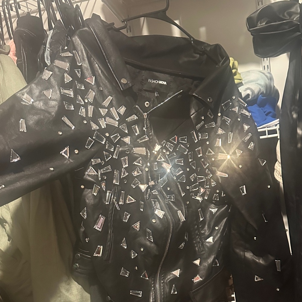 Fashion Nova off shoulder Black Shattered Glass Leather Jacket